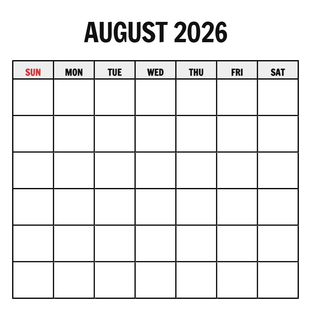 Printable August 2026 Calendar Free Blank PDF Download Printable August 2026 Calendar Free Blank PDF Download