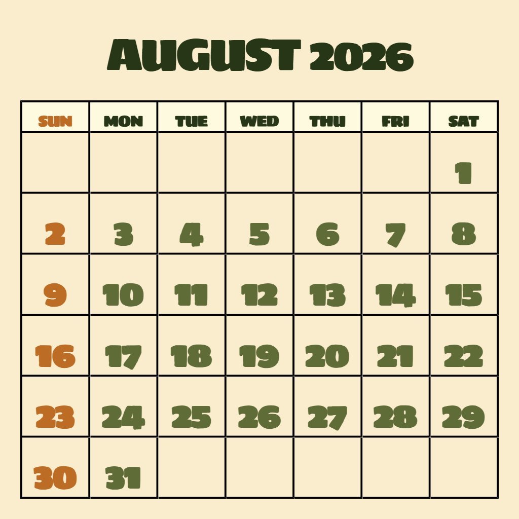 Custom Printable August 2026 Calendar Pdf Schedule PDF Download