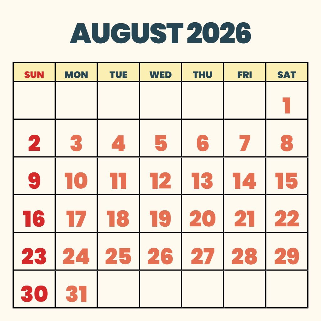 Custom Printable August 2026 Calendar With Holidays Planning PDF Download