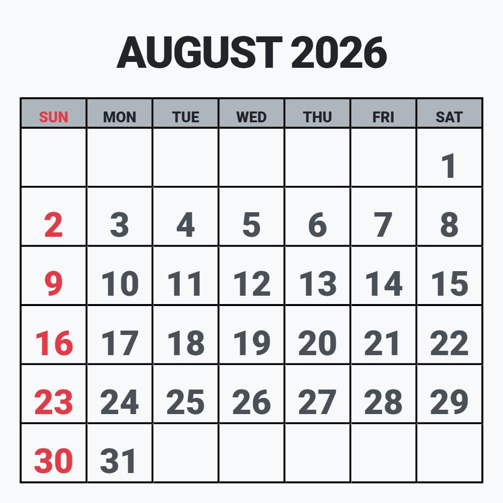 Free Printable August 2026 Calendar With Holidays Wallpaper PDF Download