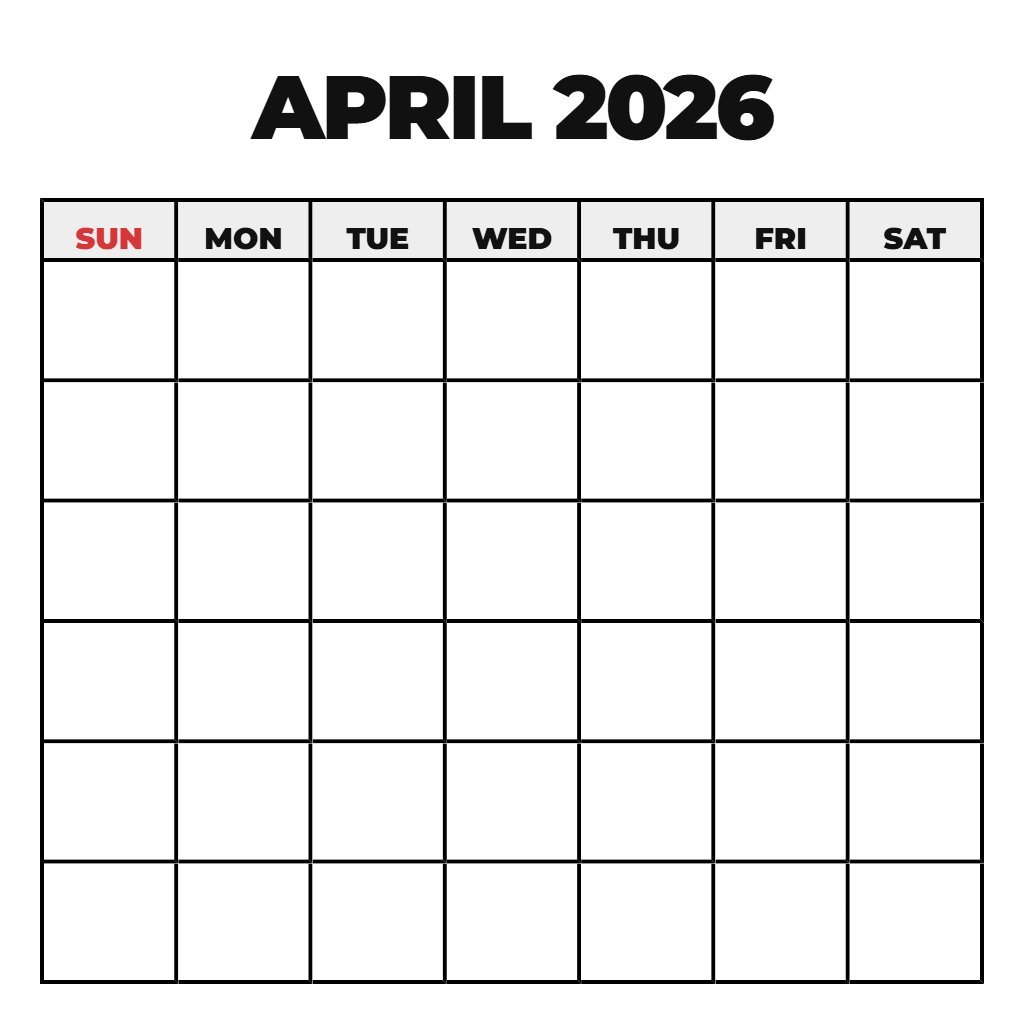 Printable Calendar April 2026 Free Blank PDF Download