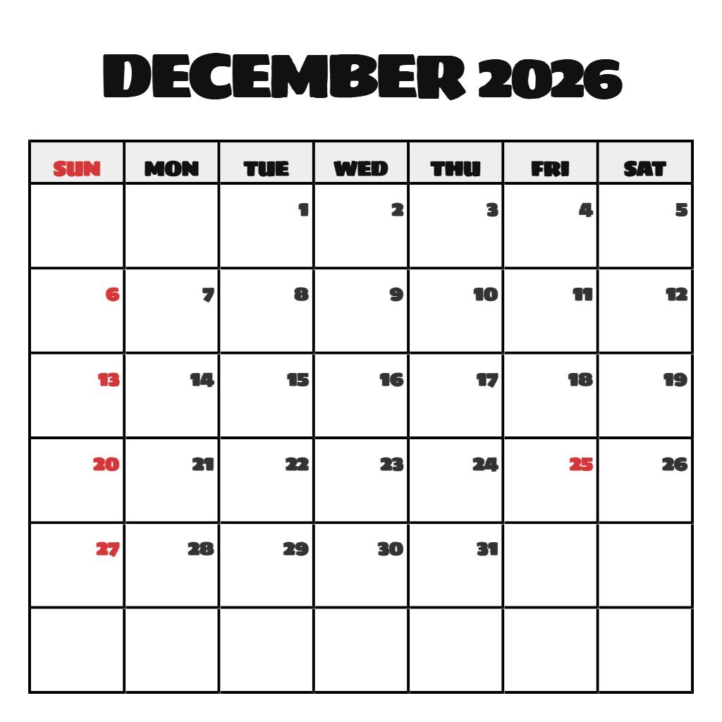 Cute Printable Calendar December 2026 January 2026 Wallpaper PDF Download