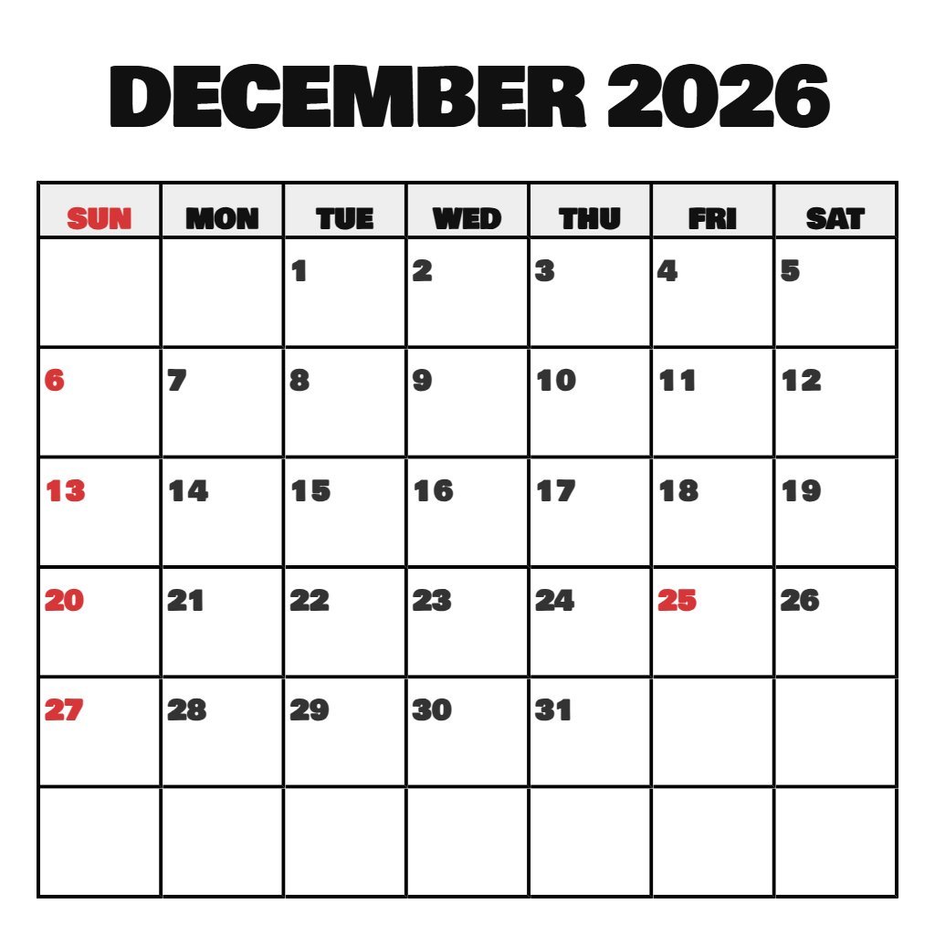 Free Printable Calendar December 2026 January 2026 Schedule PDF Download