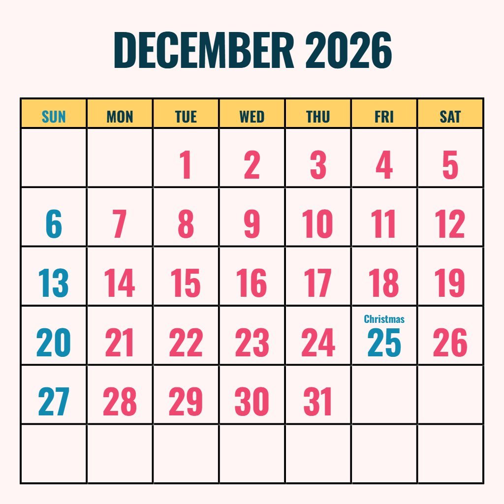 Editable Printable Calendar December 2026 January 2026 Notes PDF Download