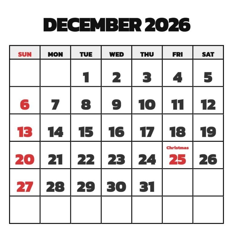 Printable Calendar December 2026 January 2026 PDF Download