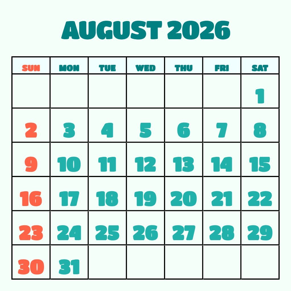 Custom Printable Calendar For August 2026 Wallpaper PDF Download