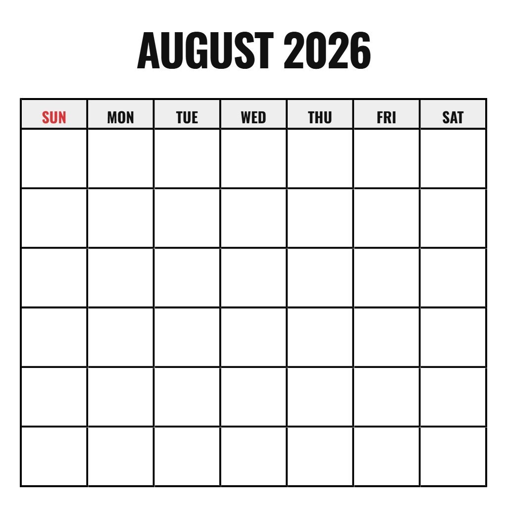 Printable Calendar For August 2026 Blank PDF Download