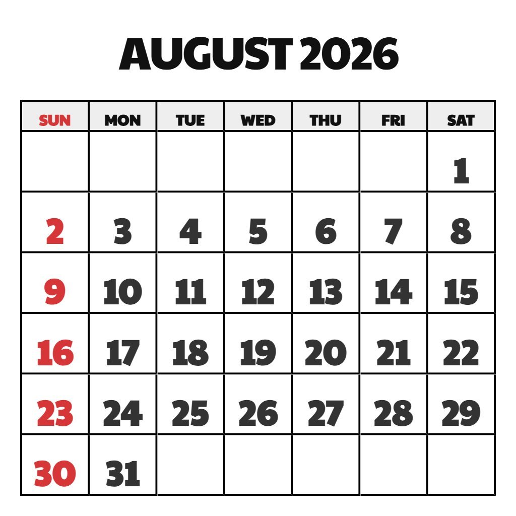 Printable Calendar For August 2026 PDF Download