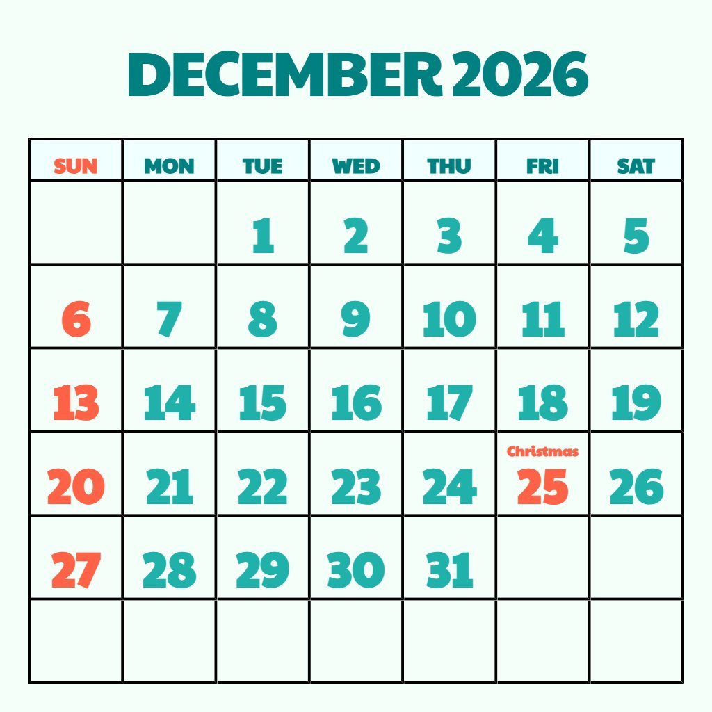 Custom Printable Calendar For December 2026 Notes PDF Download
