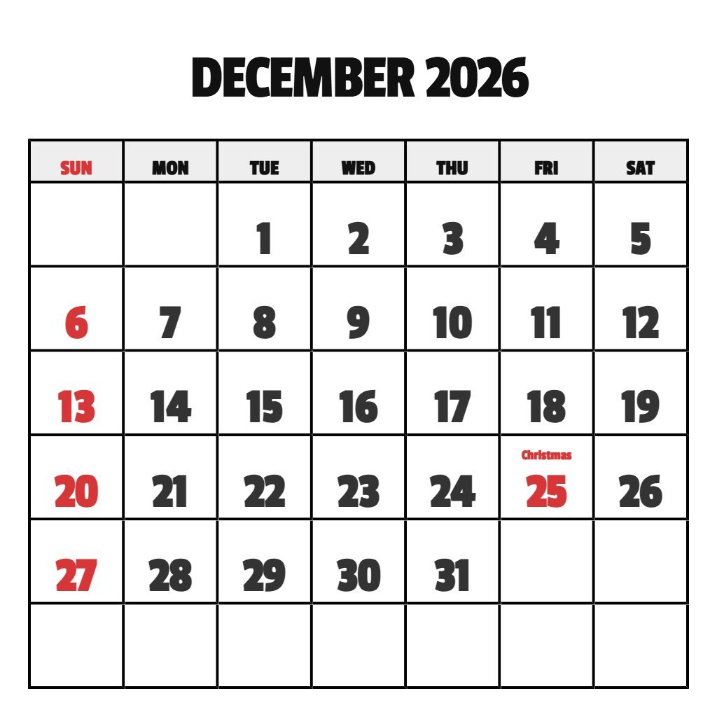 Printable Calendar For December 2026 PDF Download
