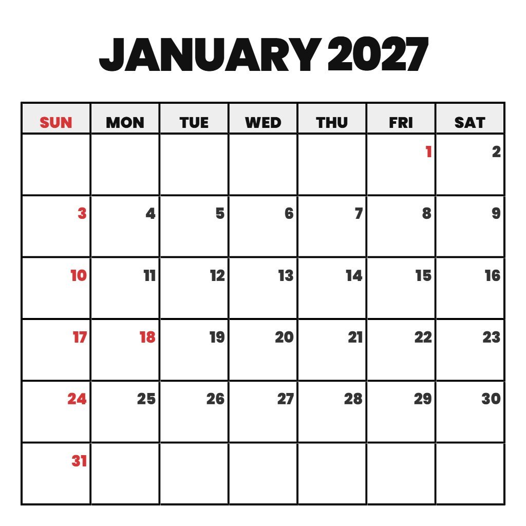 Editable Printable Calendar For January 2027 Planning PDF Download