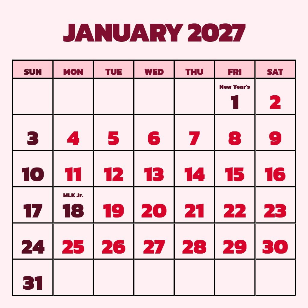 Free Printable Calendar For January 2027 Schedule PDF Download