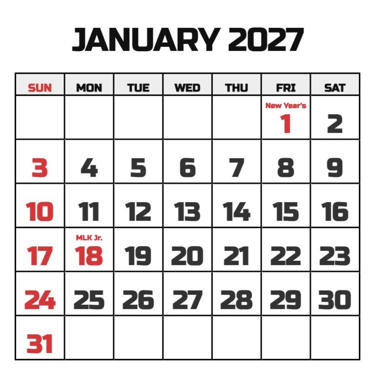 Printable Calendar For January 2027 PDF Download
