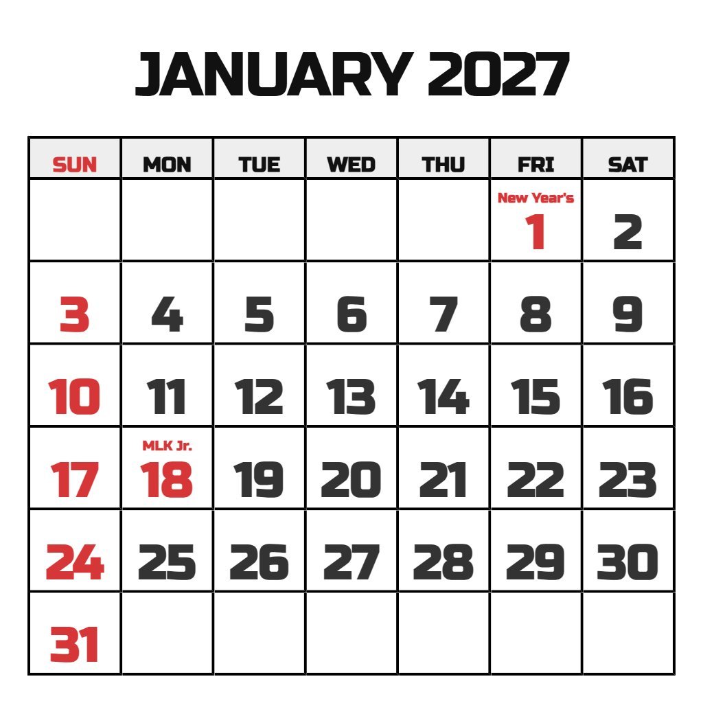 Printable Calendar For January 2027 PDF Download