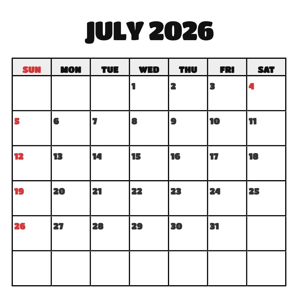 Editable Printable Calendar For July 2026 Notes PDF Download