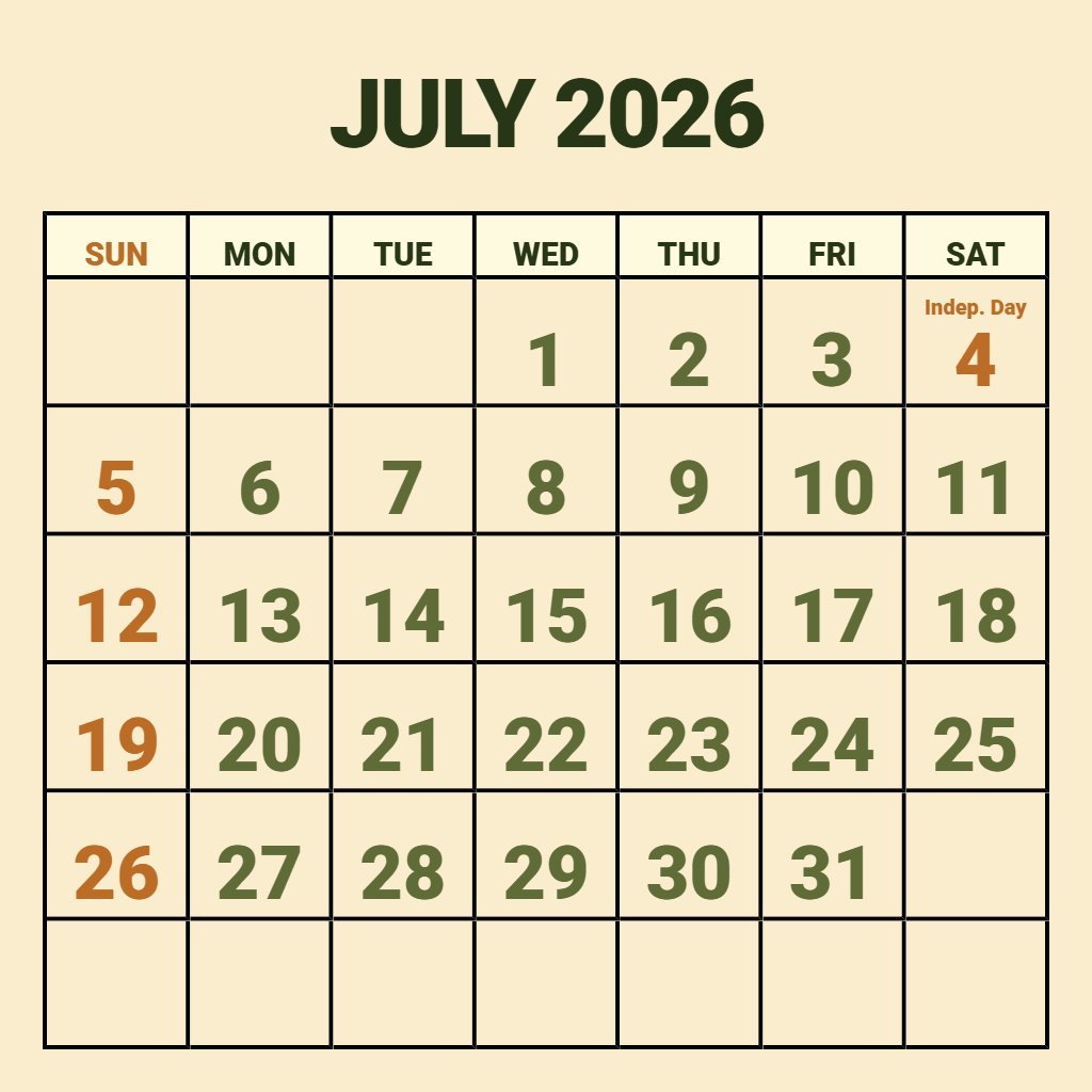 Custom Printable Calendar For July 2026 Planning PDF Download
