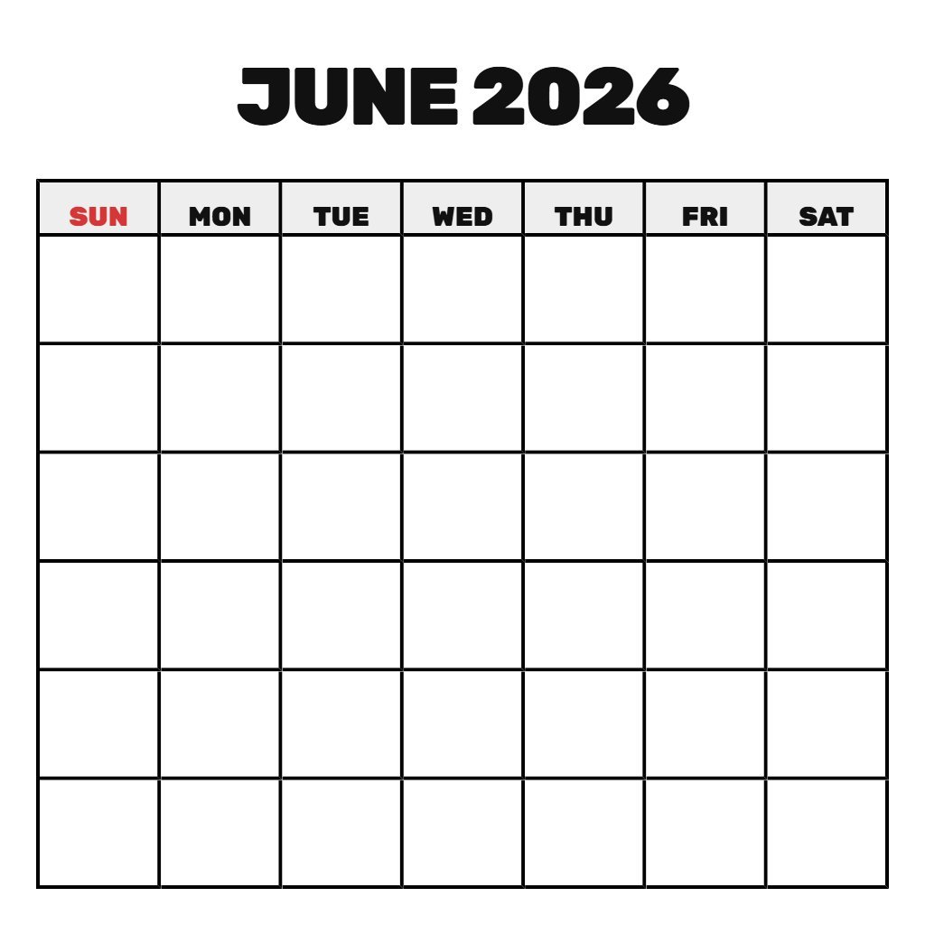 Printable Calendar For June 2026 Blank PDF Download