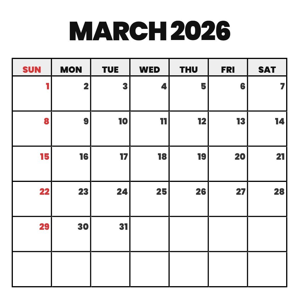 Free Printable Calendar For March 2026 Schedule PDF Download