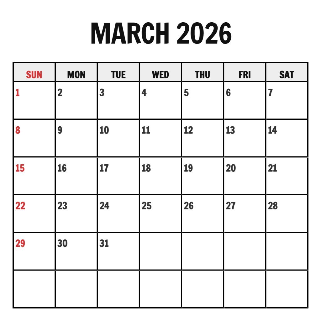 Free Printable Calendar For March 2026 Schedule PDF Download
