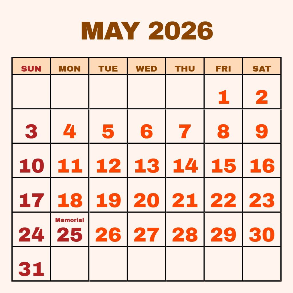 Custom Printable Calendar For May 2026 Notes PDF Download