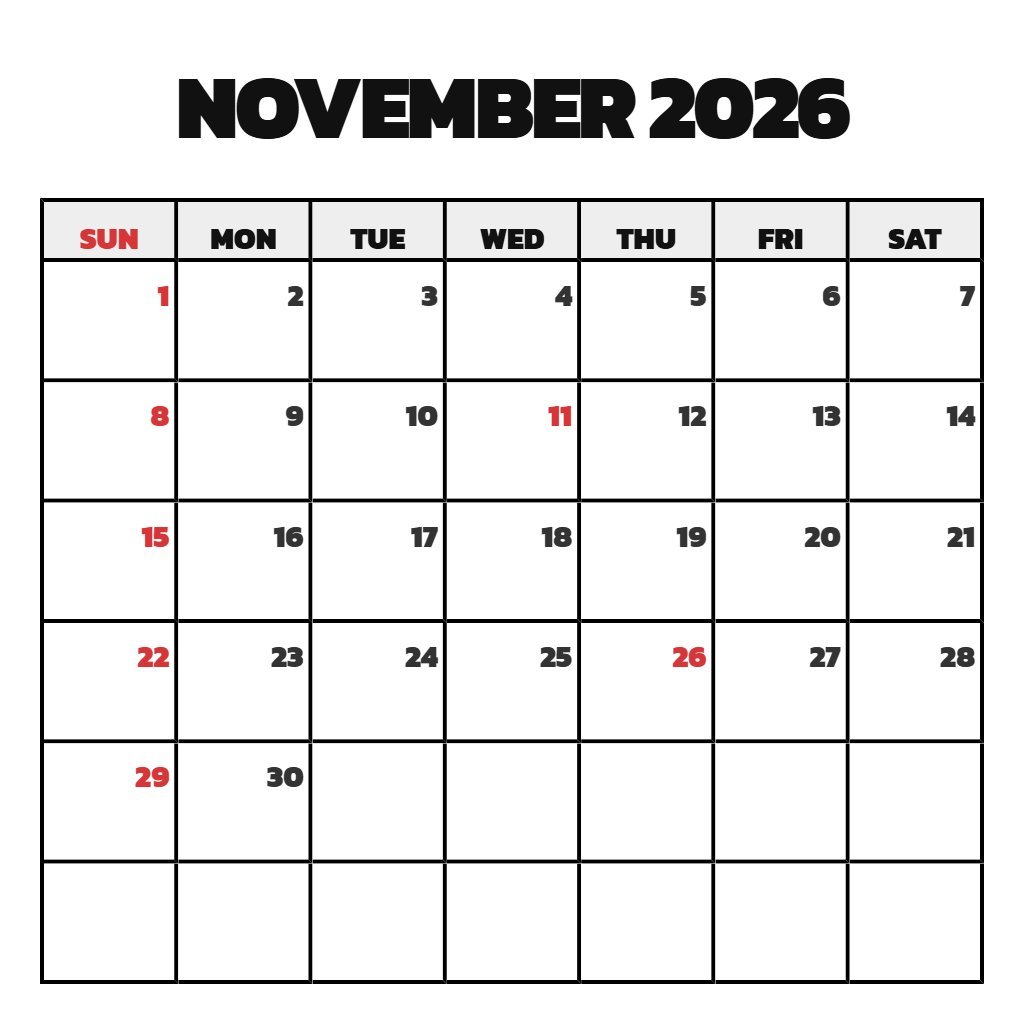 Custom Printable Calendar For November 2026 Wallpaper PDF Download
