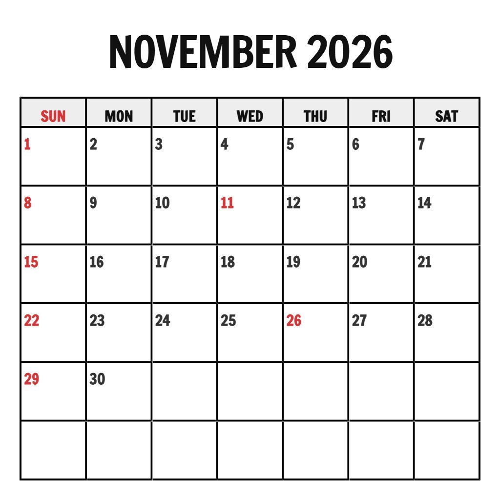Custom Printable Calendar For November 2026 Wallpaper PDF Download