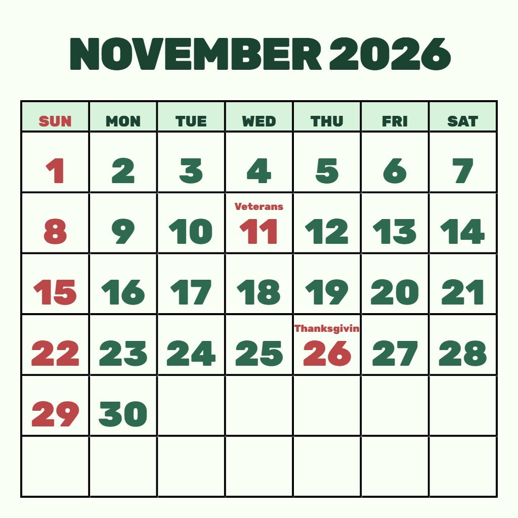 Custom Printable Calendar For November 2026 Planning PDF Download