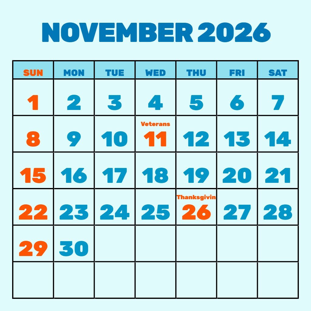 Cute Printable Calendar For November 2026 Planning PDF Download
