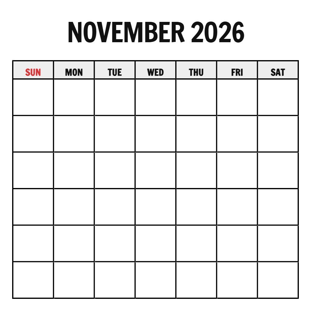 Printable Calendar For November 2026 Blank PDF Download