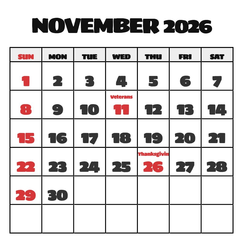 Printable Calendar For November 2026 PDF Download