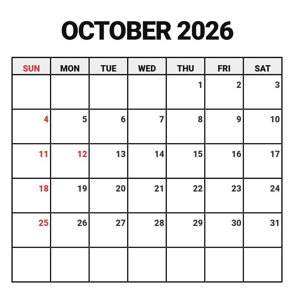 Editable Printable Calendar For October 2026 Schedule PDF Download