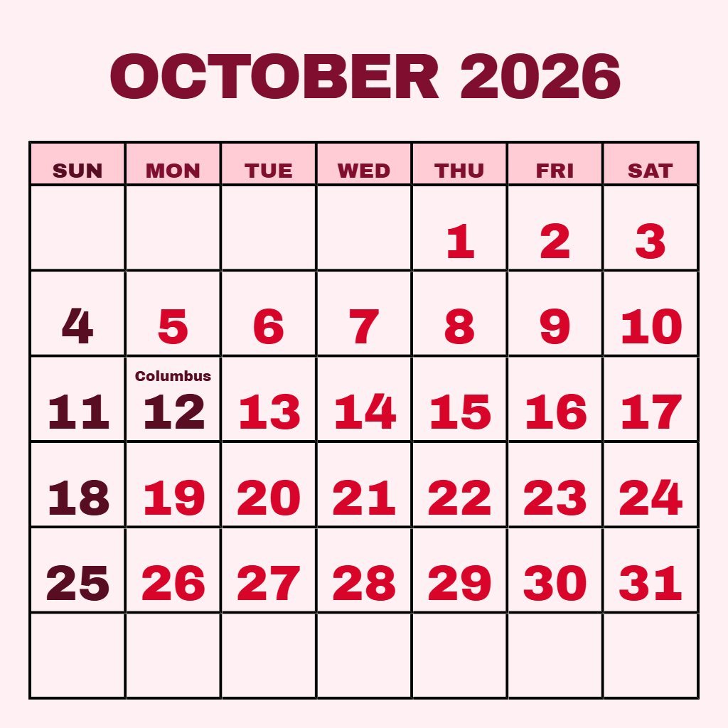Custom Printable Calendar For October 2026 Schedule PDF Download