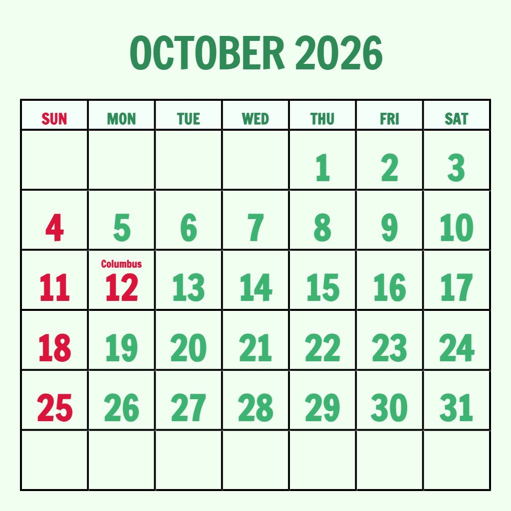 Editable Printable Calendar For October 2026 Notes PDF Download