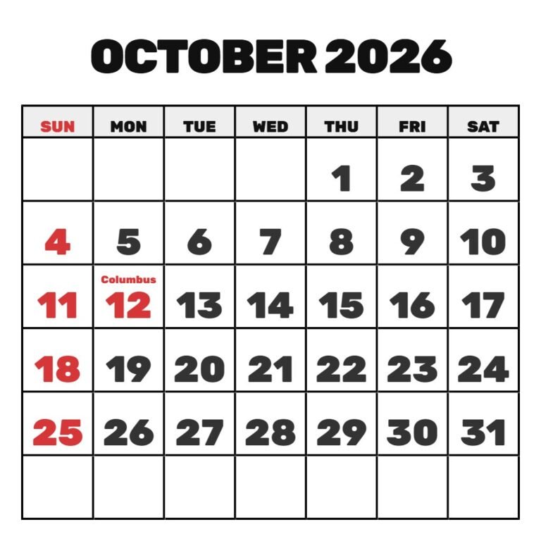 Printable Calendar For October 2026 PDF Download