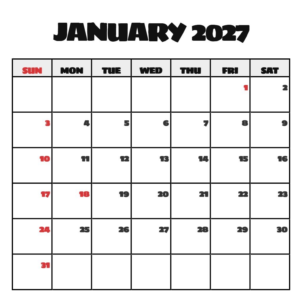 Free Printable Calendar January 2027 Free Notes PDF Download