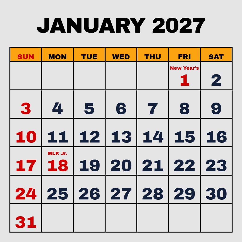 Custom Printable Calendar January 2027 Free Notes PDF Download