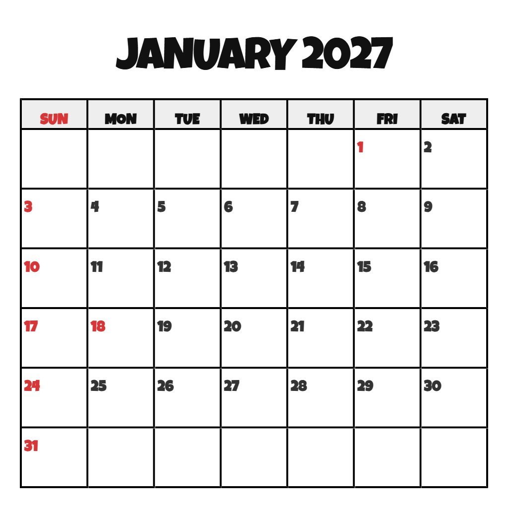Custom Printable Calendar January 2027 Pdf Planning PDF Download