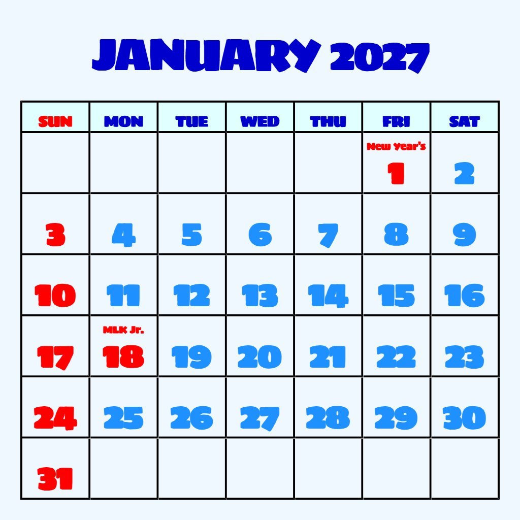 Editable Printable Calendar January 2027 Pdf Notes PDF Download