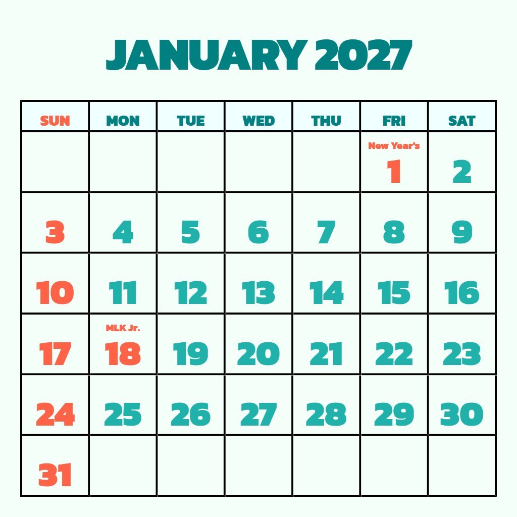 Editable Printable Calendar January 2027 Pdf Notes PDF Download