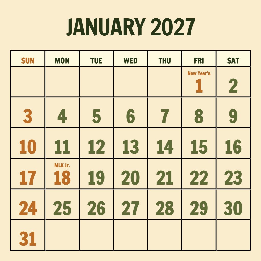 Editable Printable Calendar January February 2027 Schedule PDF Download