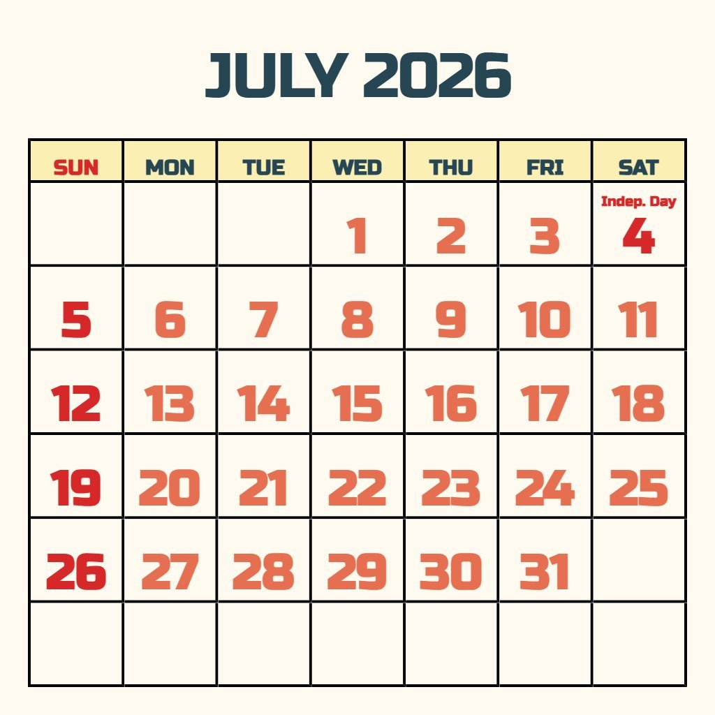 Custom Printable Calendar July 2026 June 2026 Schedule PDF Download