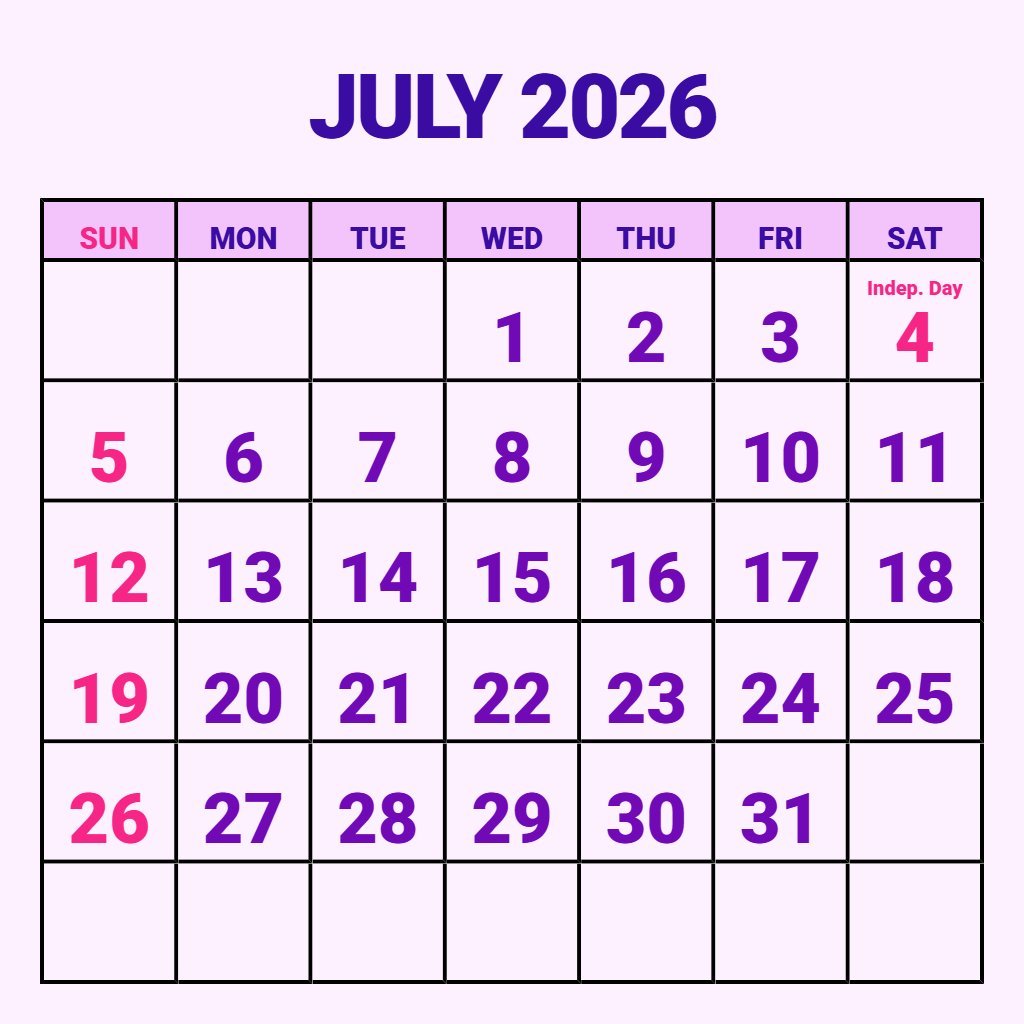 Editable Printable Calendar July 2026 June 2026 Notes PDF Download