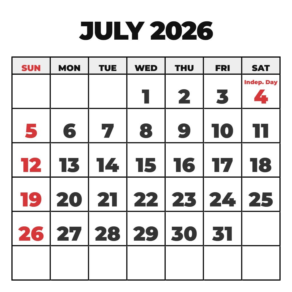 Printable Calendar July 2026 June 2026 PDF Download