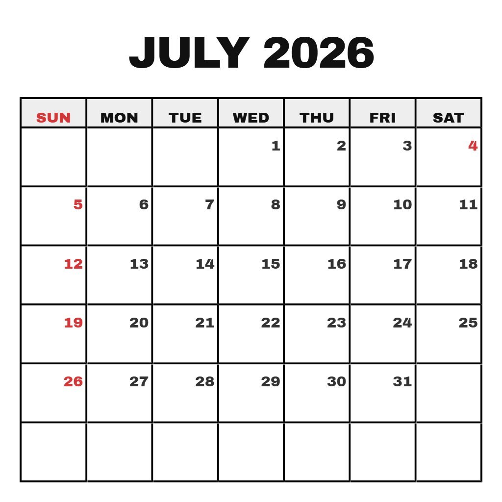 Custom Printable Calendar July 2026 Pdf Wallpaper PDF Download