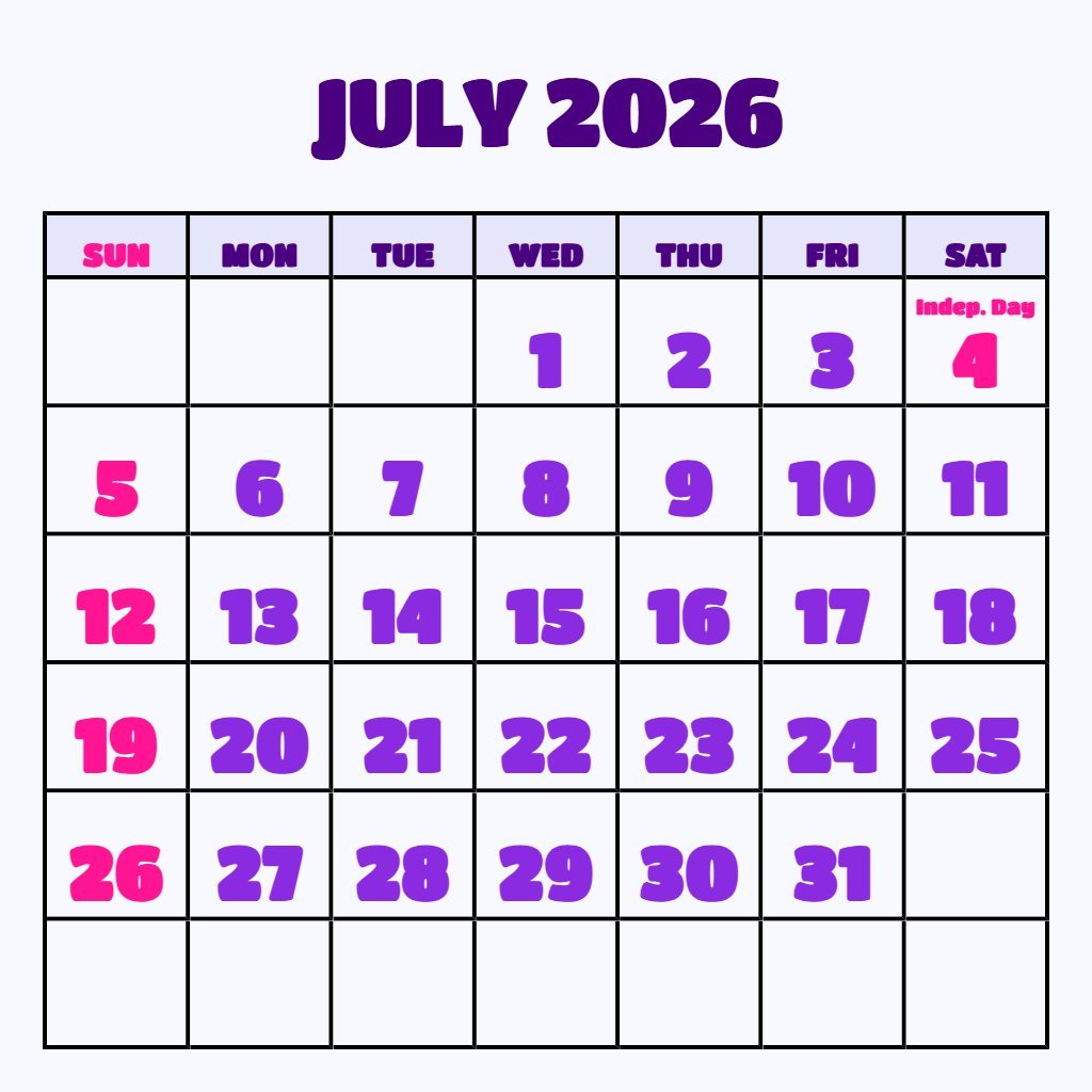 Cute Printable Calendar July 2026 Pdf Notes PDF Download