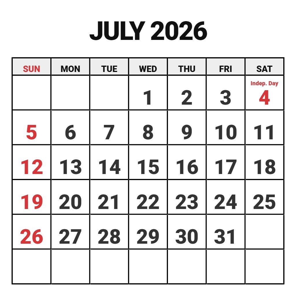 Printable Calendar July 2026 Pdf PDF Download