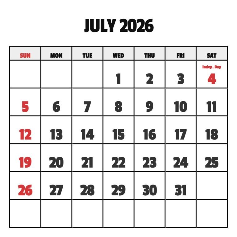 Printable Calendar July 2026 To June 2026 PDF Download