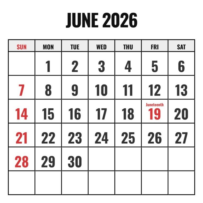 Printable Calendar June 2026 Free PDF Download