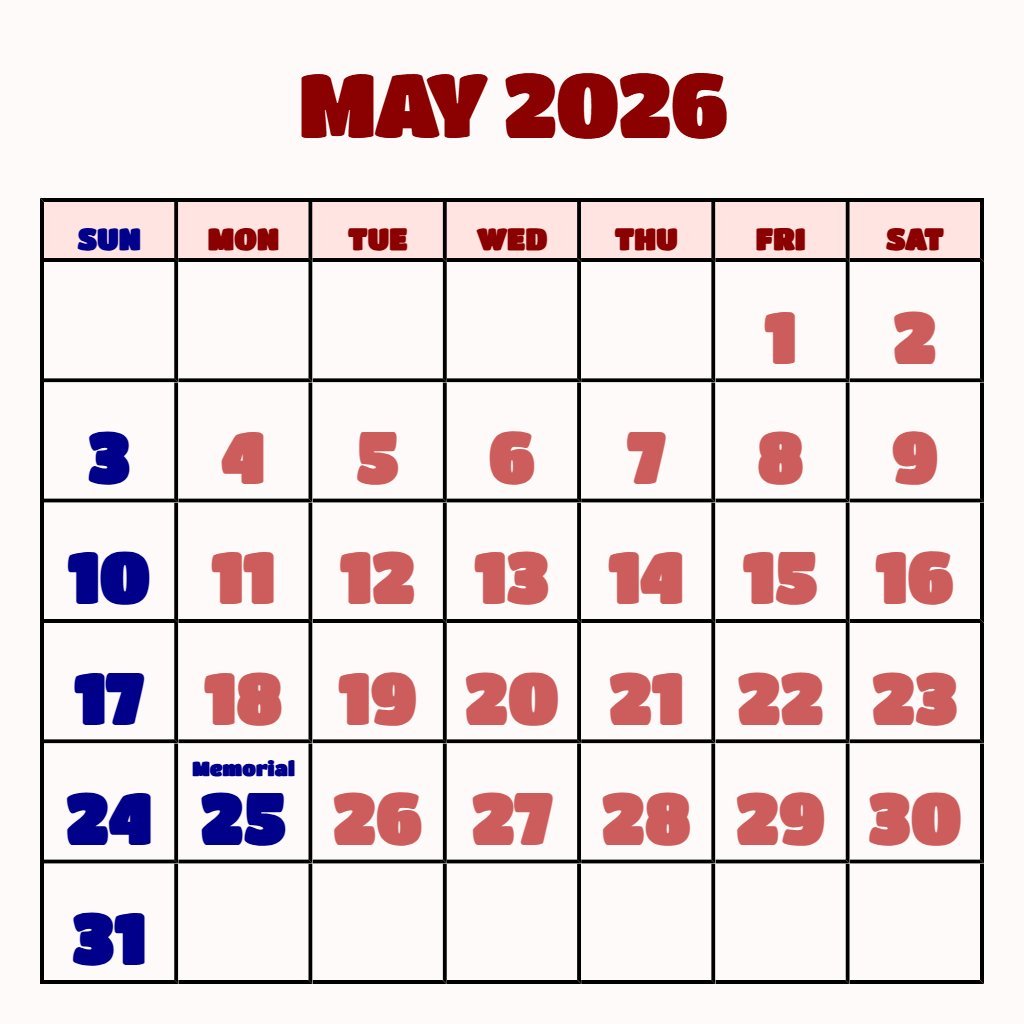 Custom Printable Calendar May June July 2026 Schedule PDF Download