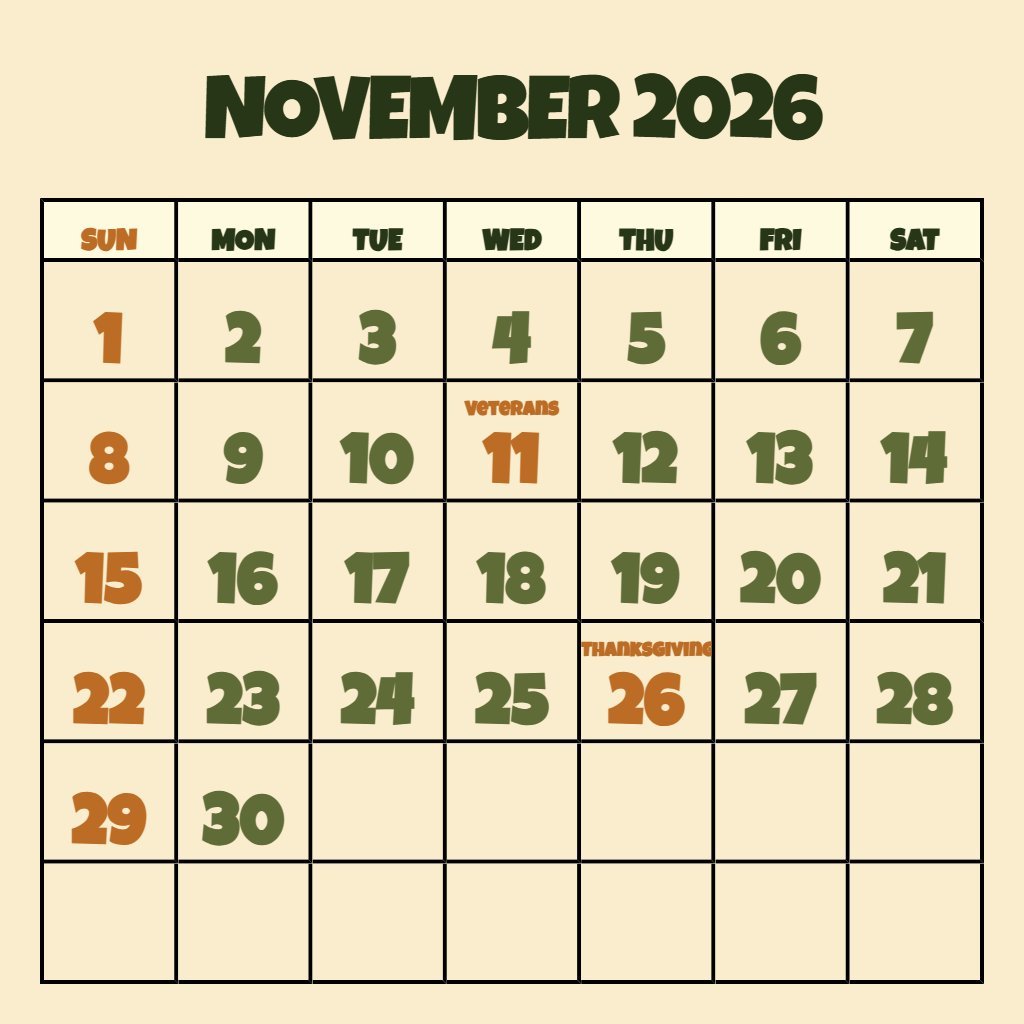 Cute Printable Calendar November 2026 Free Wallpaper PDF Download